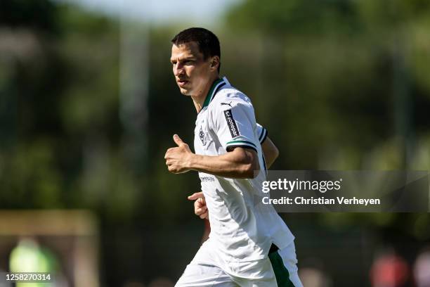 Stefan Lainer of Borussia Moenchengladbach in action during the friendly match between FC Oberneuland and Borussia Moenchengladbach at...