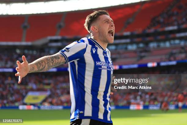 Josh Windass of Sheffield Wednesday celebrates scoring a goal during the Sky Bet League One Play-Off Final between Barnsley and Sheffield Wednesday...