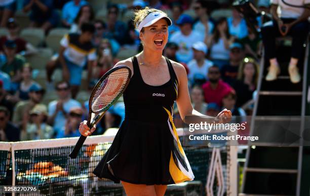 Elina Svitolina of Ukraine in action against Martina Trevisan of Italy in her first round match on Day Two of Roland Garros on May 29, 2023 in Paris,...