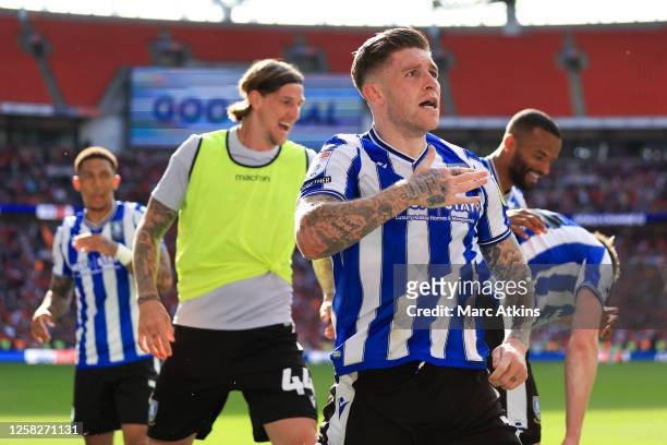 Josh Windass of Sheffield Wednesday celebrates scoring a goal during the Sky Bet League One Play-Off Final between Barnsley and Sheffield Wednesday...