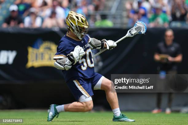 Chris Kavanagh of the Notre Dame Fighting Irish reacts after scoring a goal against the Duke Blue Devils in the first half of the NCAA Division I...