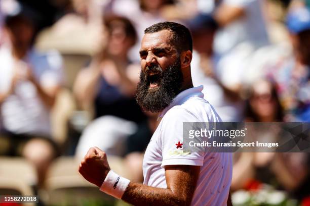 Benoit Paire of France celebrates a set won against Cameron Norrie of Great Britain during their First Round Match on Day Two of the 2023 French Open...