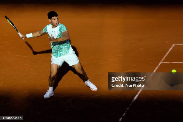 Carlos ALCARAZ in action during his match against Flavio COBOLLI on Suzanne-LENGLEN court in The French Open Roland Garros 2023 tennis tournament day...