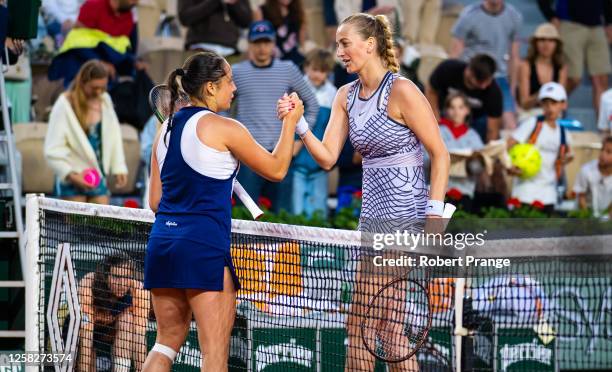 Elisabetta Cocciaretto of Italy and Petra Kvitova of the Czech Republic shake hands at the net after their first round match on Day Two of Roland...