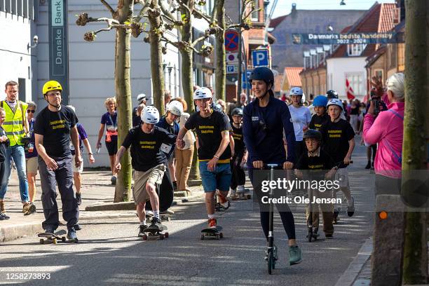 Crown Princess Mary of Denmark arrives to the starting line of the Royal Run event on a running wheel on May 29, 2023 in Nykobing Falster, Denmark....