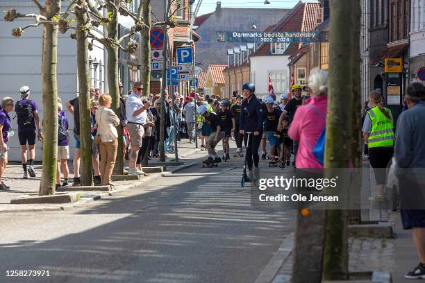 Crown Princess Mary of Denmark arrives to the starting line of the Royal Run event on a running wheel on May 29, 2023 in Nykobing Falster, Denmark....