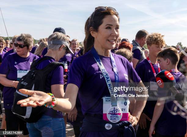 Crown Princess Mary of Denmark is interviewed after crossing the finish line at the Royal Run event on May 29, 2023 in Nykobing Falster, Denmark....