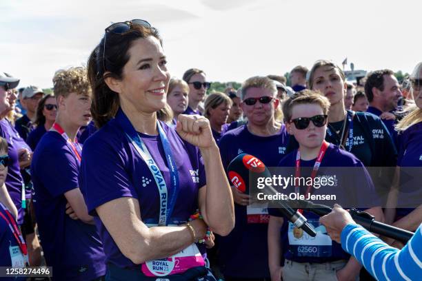 Crown Princess Mary of Denmark is interviewed after crossing the finish line at the Royal Run event on May 29, 2023 in Nykobing Falster, Denmark....