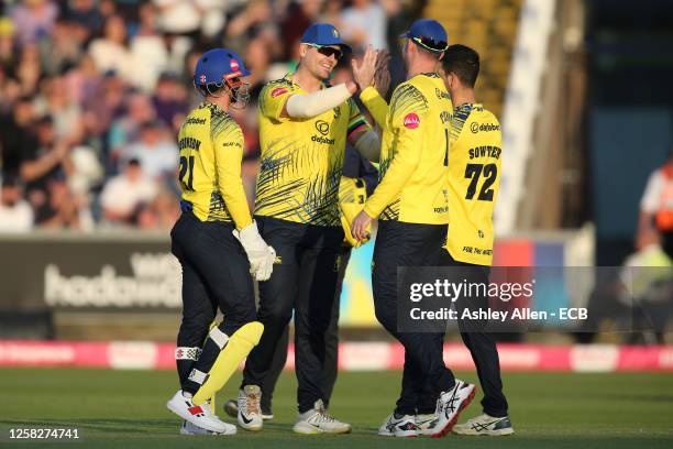 Durham players celebrate the wicket of Lyndon James of Notts Outlaws during the Vitality Blast T20 match between Durham Cricket and Notts Outlaws at...