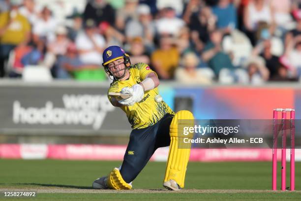 Luke Doneathy of Durham bats during the Vitality Blast T20 match between Durham Cricket and Notts Outlaws at Seat Unique Riverside on May 29, 2023 in...