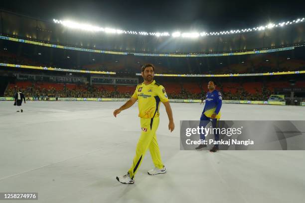 Captain MS Dhoni of the Chennai Super Kings after their victory against Gujarat Titans in the Indian Premier League Twenty20 final cricket match at...