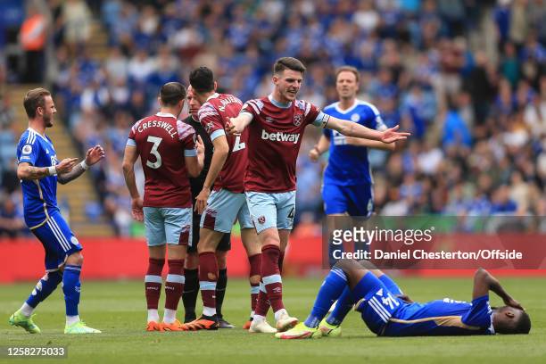 Declan Rice of West Ham United reacts after a foul on Kelechi Iheanacho of Leicester City during the Premier League match between Leicester City and...