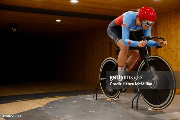 May 27 - Canadian cyclist Kelsey Mitchell is pictured on her bike inside a wind tunnel at RWDI in Guelph, Ontario. Cycling Canada is making use of...
