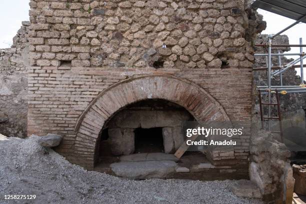 View of the remains of an oven in the new Regio IX excavation area at the Pompeii Archaeological Park during the press preview in Naples, Italy on...