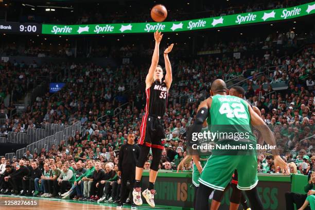 Duncan Robinson of the Miami Heat shoots the ball during Game Seven of the Eastern Conference Finals against the Boston Celtics on May 29, 2023 at...