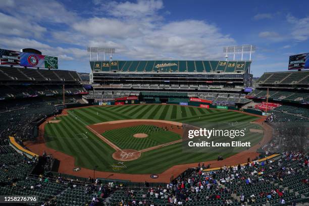 General view of RingCentral Coliseum before a game between the Atlanta Braves and Oakland Athletics on May 29, 2023 in Oakland, California.