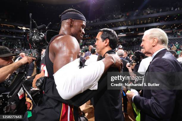 Jimmy Butler and Head Coach Erik Spoelstra of the Miami Heat after winning Game Seven of the Eastern Conference Finals against the Boston Celtics on...