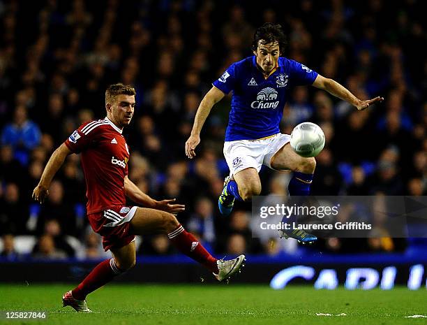 Leighton Baines of Everton battles with James Morrison of West Bromwich Albion during the Carling Cup Third Round match between Everton and West...