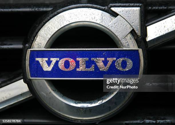 Volvo logo in the rain seen on a street in the city center on May 24, 2023 in Krakow, Poland.