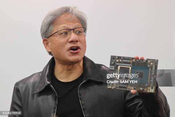 Jensen Huang, CEO of NVIDIA, speaks during a press conference at the Computex 2023 in Taipei on May 30, 2023.