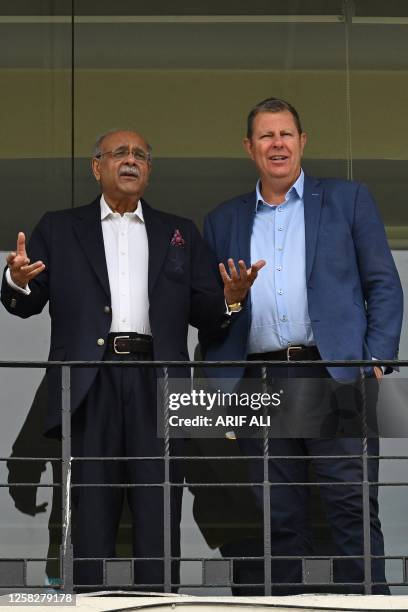 International Cricket Council Chairman Greg Barclay visits the Gaddafi Stadium along with Pakistan Cricket Board Chairman Najam Sethi in Lahore on...