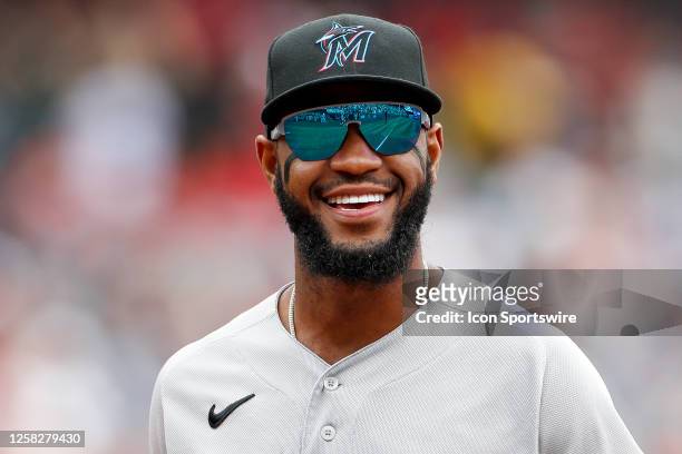 Miami Marlins left fielder Bryan De La Cruz smiles during a regular season game between the Los Angeles Angels and Miami Marlins on May 28, 2023 at...