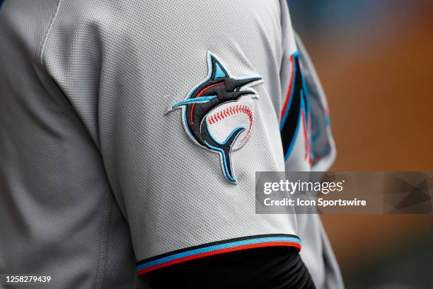 Detailed view of a Marlins logo during a regular season game between the Los Angeles Angels and Miami Marlins on May 28, 2023 at Angel Stadium in...