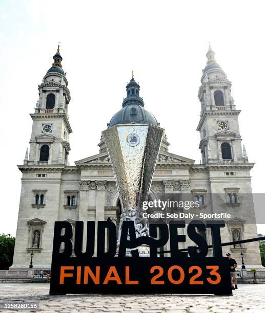 Giant replica trophy at St Stephen's Basilica ahead of the UEFA Europa League 2022/23 final match between Sevilla FC and AS Roma in the Puskás Aréna...