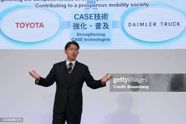 Koji Sato, president of Toyota Motor Corp., speaks during a news conference in Tokyo, Japan, on Tuesday, May 30, 2023. Toyota Motor and Daimler...