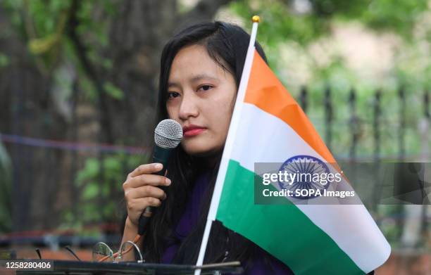 Woman from the Manipur 'Kuki tribe' delivers a speech during the protest against the killing of tribals in the north-eastern state of Manipur, New...