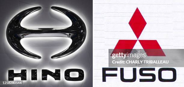 This combination of file photos created on May 30, 2023 shows the logos of Hino Motor taken on October 23, 2019 in Tokyo and Mitsubishi Fuso Truck...