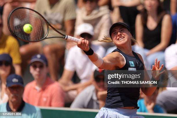 Sweden's Rebecca Peterson plays a forehand return to France's Fiona Ferro during their women's singles match on day three of the Roland-Garros Open...