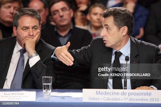 French president Nicolas Sarkozy gestures as he holds a roundtable at the liberal and ambulatory Health centre in Orbec, northwestern France, on...