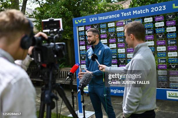 England' Chris Woakes attends a press conference at Lord's cricket ground in London, on May 30, 2023 ahead of their Test match against Ireland.