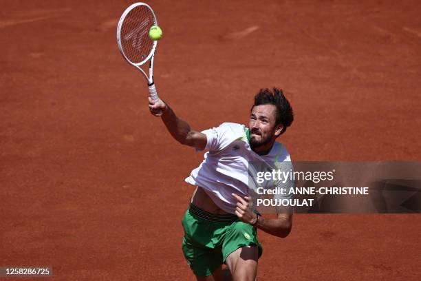 Russia's Daniil Medvedev plays a forehand return to Brazil's Thiago Seyboth Wild during their men's singles match on day three of the Roland-Garros...