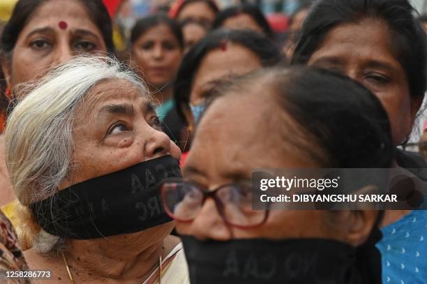 Leftist women activists gather in support of the Indian wrestlers during a demonstration against Brij Bhushan Singh, the wrestling federation chief...