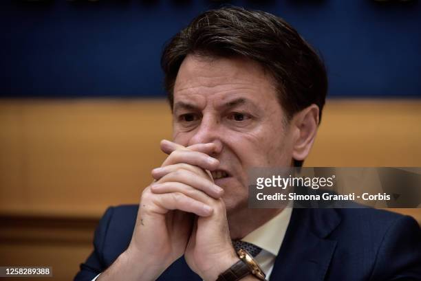 The former Premier and leader of the M5S Giuseppe Conte participates in the press conference in the Chamber of Deputies, of the Five Star Movement on...
