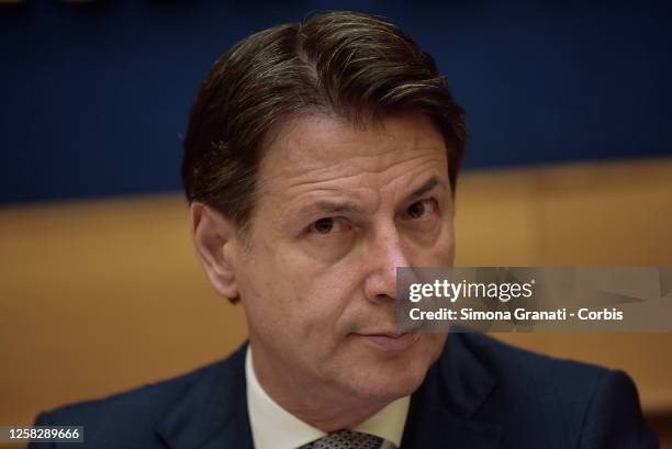 The former Premier and leader of the M5S Giuseppe Conte participates in the press conference in the Chamber of Deputies, of the Five Star Movement on...