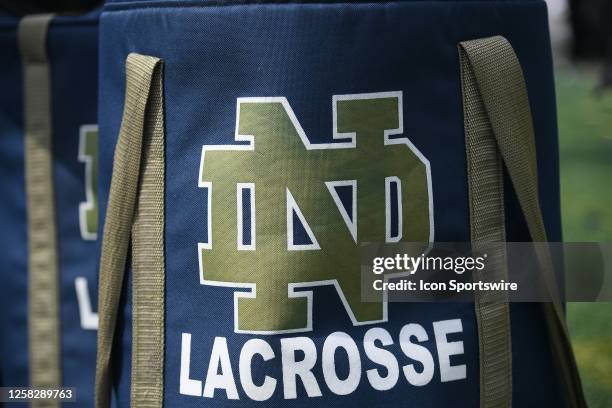 Detail view of a Notre Dame lacrosse logo on a bag after the NCAA Division I Men's Lacrosse Championship game between the Duke Blue Devils and the...