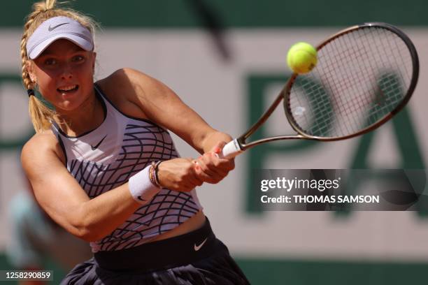 Czech Republic's Brenda Fruhvirtova plays a backhand return to Kazakhstan's Elena Rybakina during their women's singles match on day three of the...