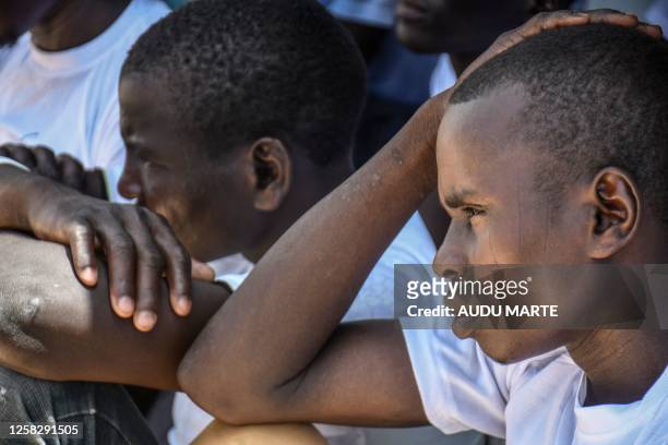 Some of the 2100 former members of Boko Haram and of the Islamic State West Africa Province are seen at the Hajja Camp in Maiduguri, Nigeria, on May...
