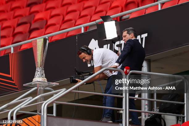 Camera films the UEFA Europa League Trophy at the Puskas Arena host venue of the UEFA Europa League Final prior to the UEFA Europa League 2022/23...