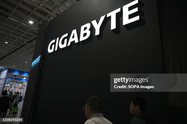 Logo of Gigabyte, Taiwanese manufacturer and distributor of computer hardware company seen at COMPUTEX 2023 in Taipei. The 2023 edition of COMPUTEX...