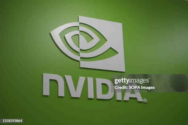 Logo of NVIDIA, American GPU, advance AI, HPC, gaming, creative design, autonomous vehicles, and robotics company seen at COMPUTEX 2023 in Taipei....