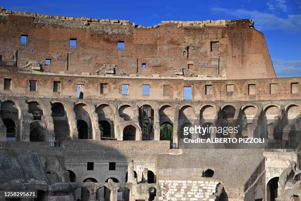 Picture taken in Rome on May 30, 2023 shows a view of the Colosseum. A new elevation system located inside the 17th arch of the Colosseum allows all...