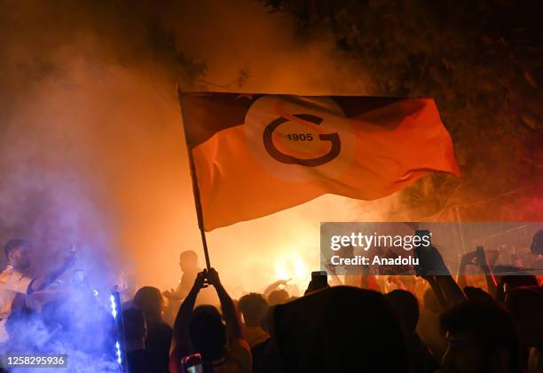 Fans celebrate outside the Florya Metin Oktay Facilities after Galatasaray football club won 23rd title in Turkish Super Lig by defeating Ankaragucu,...