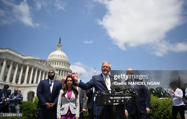 Representative Ralph Norman , joined by members of the House Freedom Caucus, speaks on the debt limit deal outside the US Capitol in Washington, DC,...