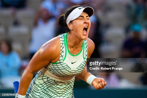 Bianca Andreescu of Canada reacts against Victoria Azarenka of Belarus in the first round on Day Three of Roland Garros on May 30, 2023 in Paris,...