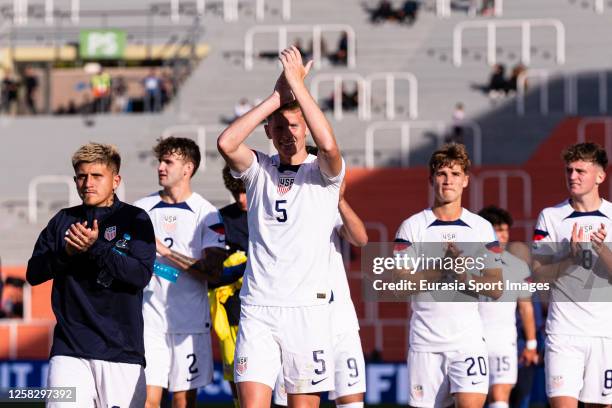 Brandan Craig of United States celebrates with his teammates after winning New Zealand during FIFA U-20 World Cup Argentina 2023 Round of 16 match...