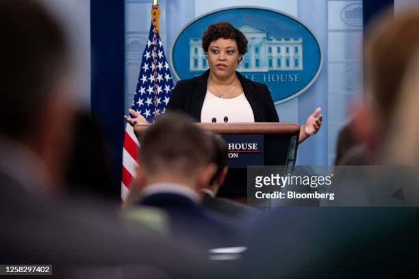 Shalanda Young, director of the Office Of Management and Budget , speaks during a news conference in the James S. Brady Press Briefing Room at the...